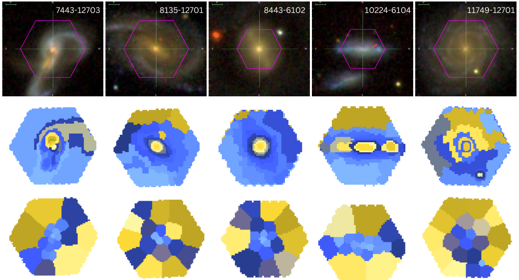 Five MaNGA galaxies and their spectral segmentation maps